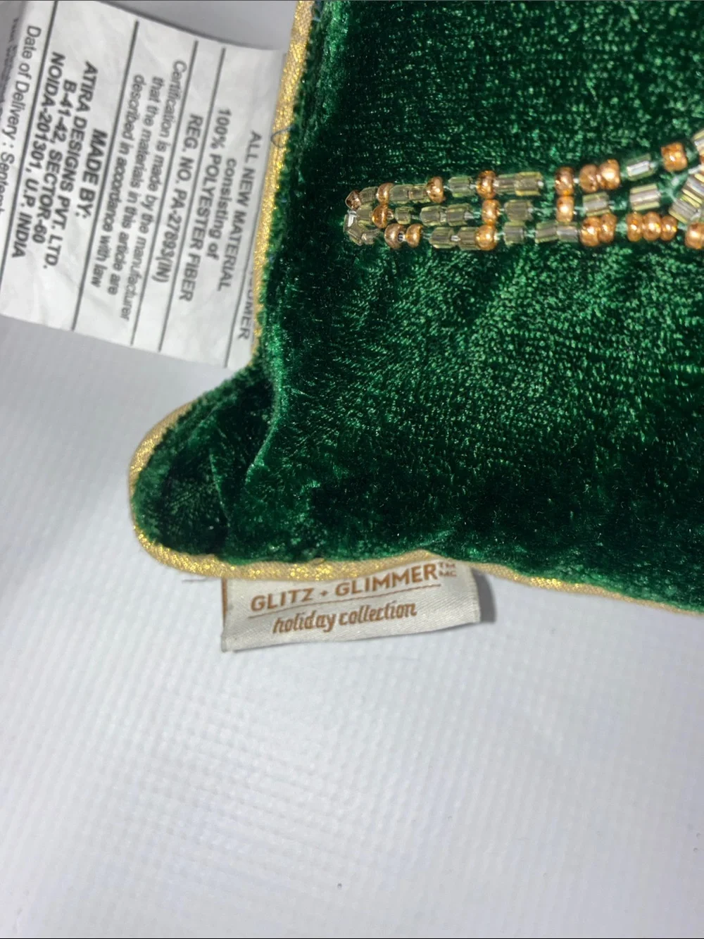 Holiday Velvet Green Decorative Throw Pillow Set with Gold Embellishments